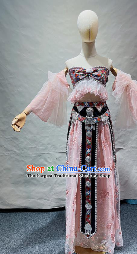 Chinese Va Nationality Costume Belly Dance Garment Folk Dance Clothing