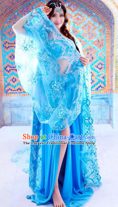 Chinese Ancient Dance Lady Blue Dress Costume Western Regions Beauty Clothing