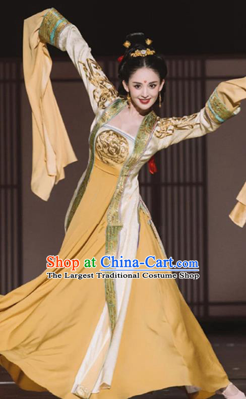 Chinese Flying Apsaras in Dunhuang Murals Clothing Ancient Water Sleeve Dance Yellow Dress Costume