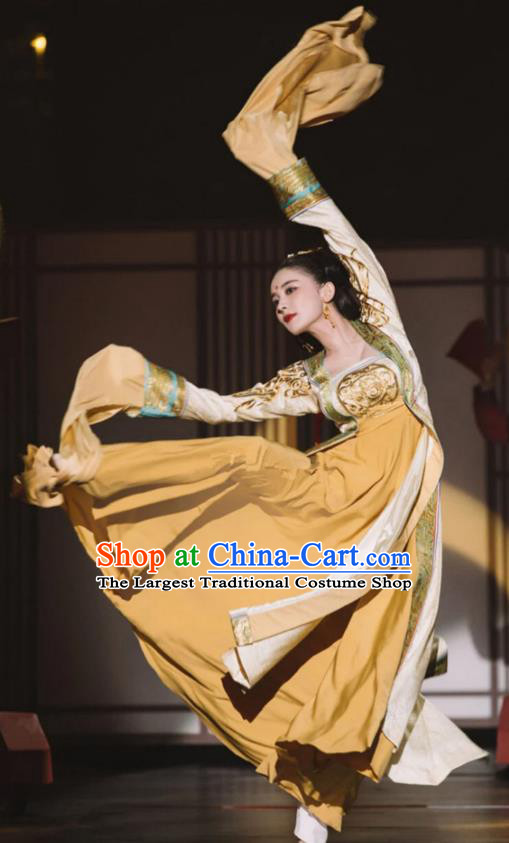 Chinese Flying Apsaras in Dunhuang Murals Clothing Ancient Water Sleeve Dance Yellow Dress Costume