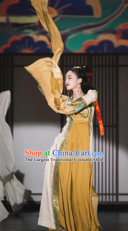 Chinese Flying Apsaras in Dunhuang Murals Clothing Ancient Water Sleeve Dance Yellow Dress Costume