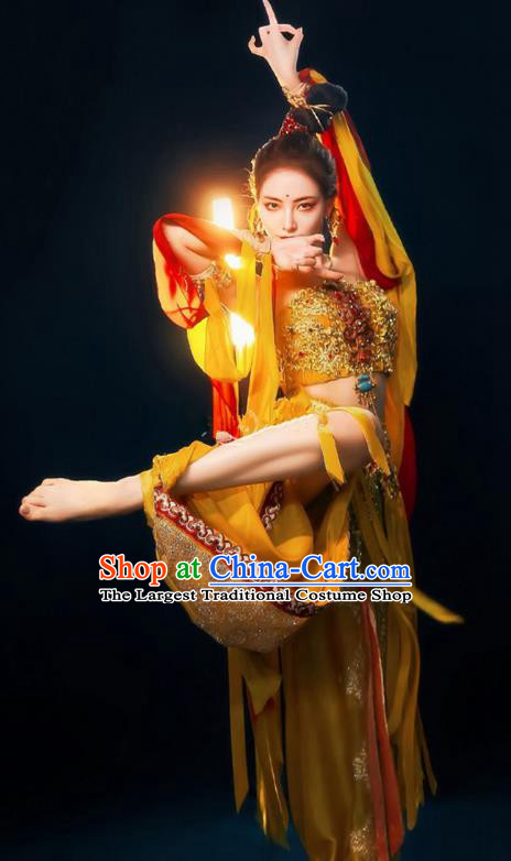Chinese Ancient Lou Lan Princess Dress Costume Flying Apsaras in Dunhuang Murals Dance Clothing