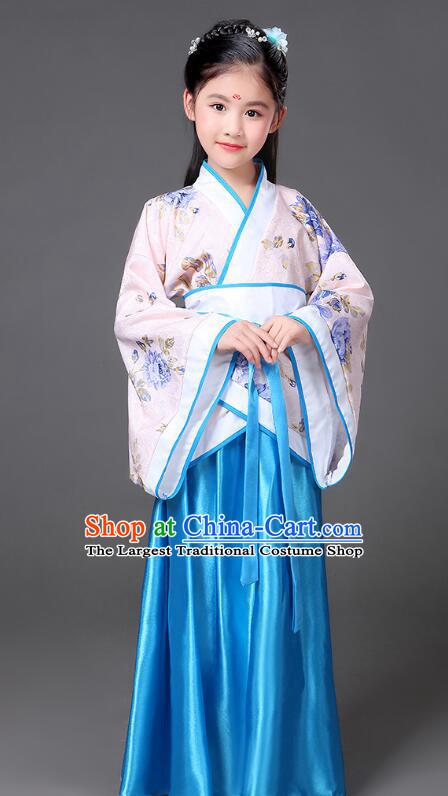 Chinese Han Dynasty Princess Garment Costume Ancient Palace Lady Blue Dress Clothing for Children