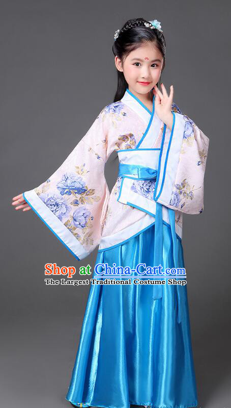 Chinese Han Dynasty Princess Garment Costume Ancient Palace Lady Blue Dress Clothing for Children