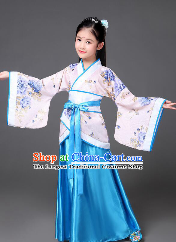 Chinese Han Dynasty Princess Garment Costume Ancient Palace Lady Blue Dress Clothing for Children