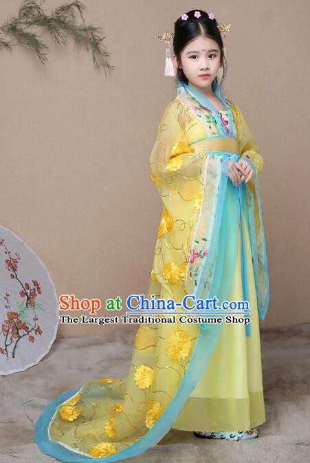 Chinese Ancient Fairy Princess Yellow Dress Clothing Tang Dynasty Imperial Consort Garment Costume for Children