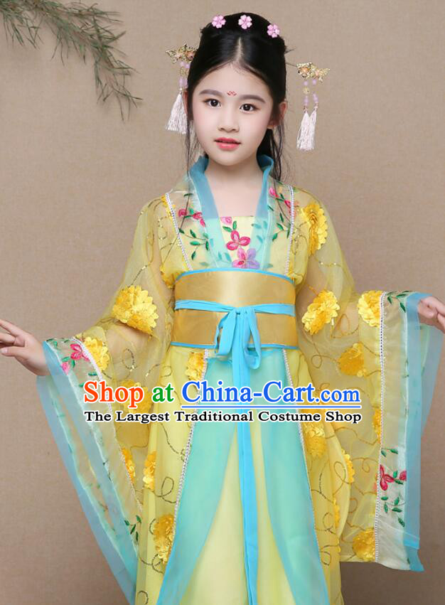 Chinese Ancient Fairy Princess Yellow Dress Clothing Tang Dynasty Imperial Consort Garment Costume for Children