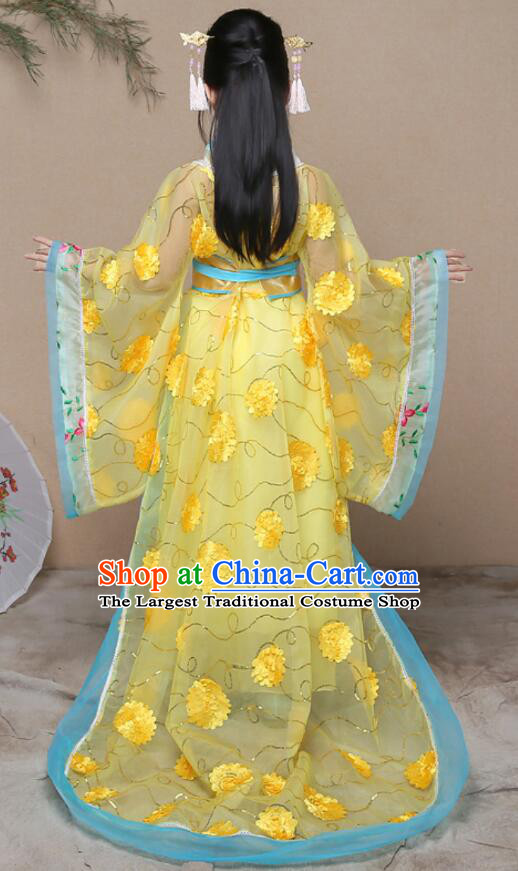 Chinese Ancient Fairy Princess Yellow Dress Clothing Tang Dynasty Imperial Consort Garment Costume for Children