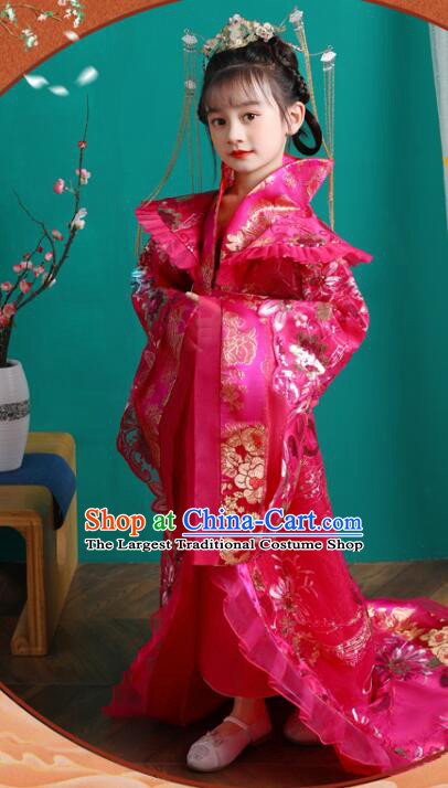 Chinese Children Clothing Ancient Princess Magenta Trailing Dress Tang Dynasty Imperial Empress Garment Costume