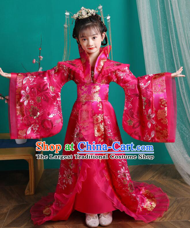 Chinese Children Clothing Ancient Princess Magenta Trailing Dress Tang Dynasty Imperial Empress Garment Costume
