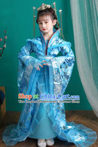 Chinese Tang Dynasty Imperial Empress Garment Costume Children Clothing Ancient Princess Blue Trailing Dress