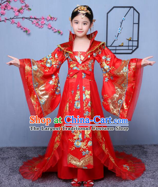 Chinese Tang Dynasty Empress Garment Costume Ancient Children Clothing Fairy Red Dress