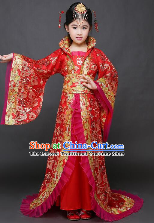 Chinese Ancient Children Clothing Princess Red Dress Tang Dynasty Imperial Concubine Garment Costume