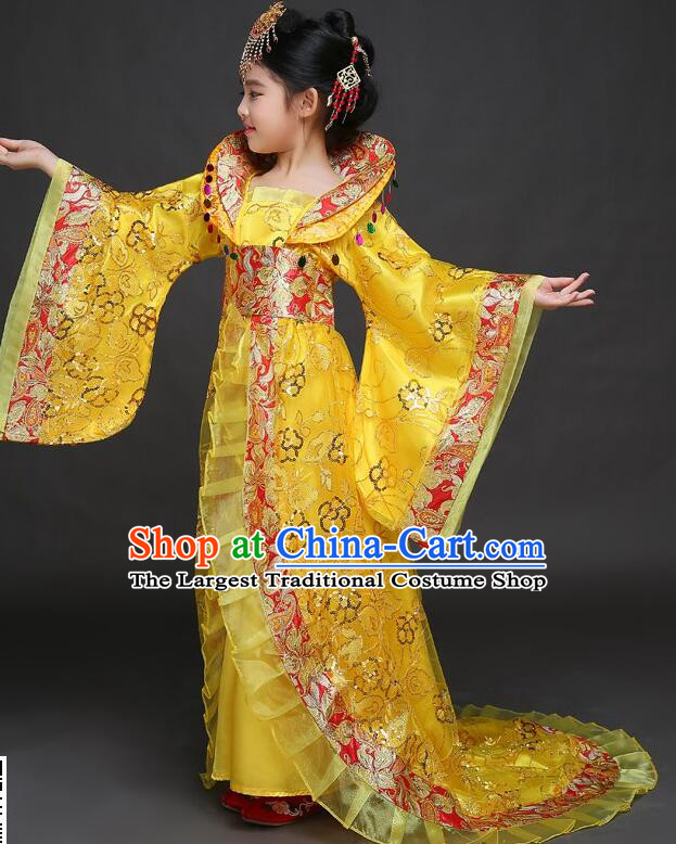 Chinese Tang Dynasty Imperial Concubine Garment Costume Ancient Children Clothing Empress Yellow Dress