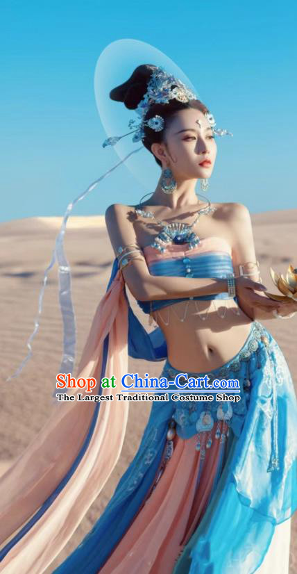Chinese Classical Flying Apsaras Dance Clothing Dunhuang Dance Blue Dress Ancient Goddess Garments