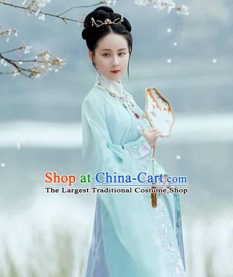Chinese Ming Dynasty Historical Costumes Traditional Hanfu Ancient Young Beauty Blue Long Gown and Purple Skirt Complete Set