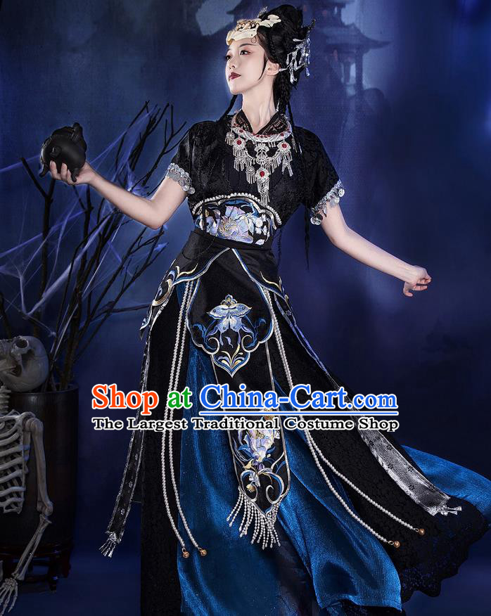 Chinese Ancient Queen Black Dress Drama Journey to the West Bai Gu Fairy Garment Costumes