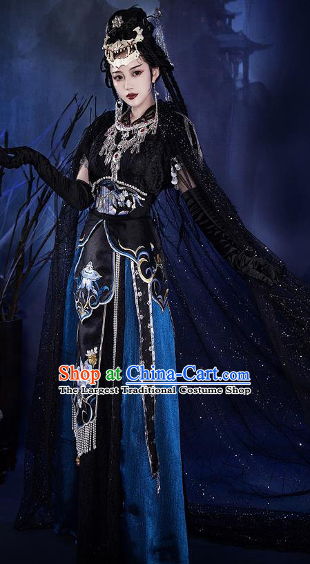 Chinese Ancient Queen Black Dress Drama Journey to the West Bai Gu Fairy Garment Costumes
