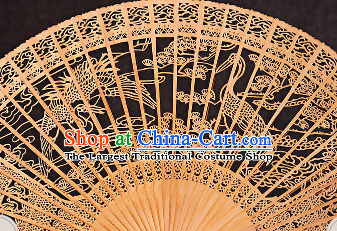 Chinese Carved Pine Crane Fan Handmade Craft Accordion Sandalwood Collection Fan Traditional Folding Fans