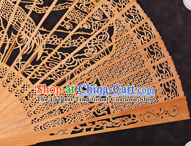 Chinese Carved Pine Crane Fan Handmade Craft Accordion Sandalwood Collection Fan Traditional Folding Fans