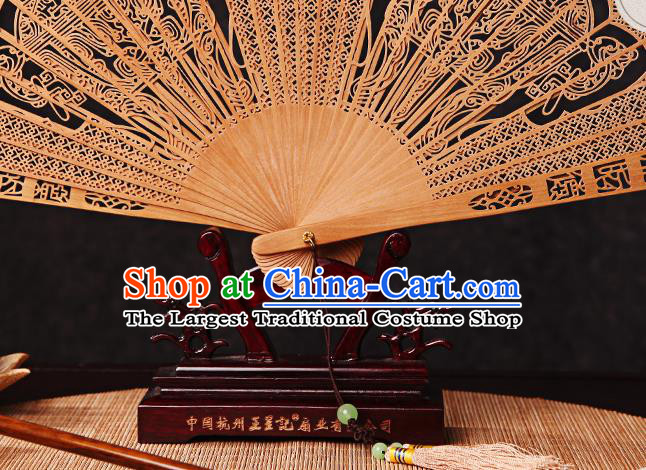 Chinese Traditional Folding Fans Carved Double Tripods Fan Handmade Craft Accordion Sandalwood Collection Fan