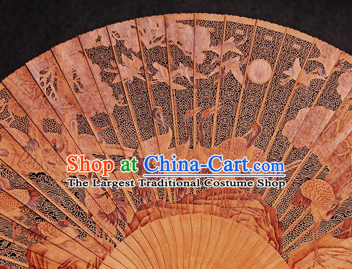 Chinese Collection Fan Traditional Folding Fans Carved Cranes Fan Handmade Craft Sandalwood Accordion