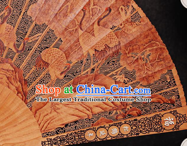 Chinese Collection Fan Traditional Folding Fans Carved Cranes Fan Handmade Craft Sandalwood Accordion