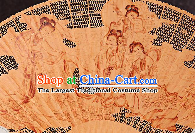 Chinese Handmade Craft Sandalwood Accordion Collection Fan Traditional Folding Fans Carved Goddess Fan