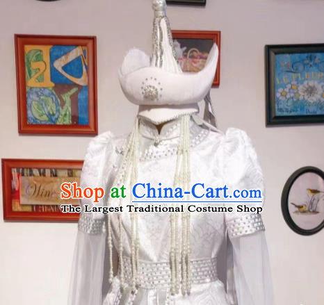 Top Handmade Mongolian Robe Chinese Mongol Nationality White Dress Traditional Wedding Bride Costume