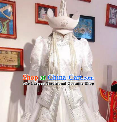 Top Handmade Mongolian Robe Chinese Mongol Nationality White Dress Traditional Wedding Bride Costume