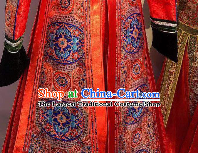 Chinese Mongol Nationality Bride Dress Handmade Wedding Costume Traditional Red Mongolian Robe