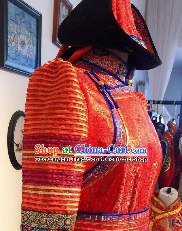 Chinese Mongol Nationality Bride Dress Handmade Wedding Costume Traditional Red Mongolian Robe