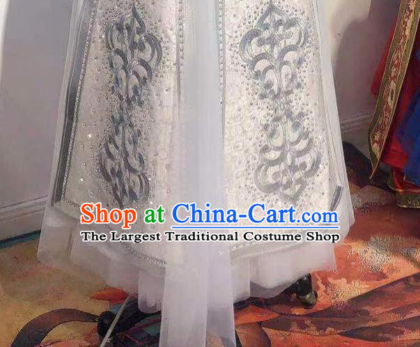 Chinese Traditional Embroidery Mongolian Robe Mongol Nationality Bride White Dress Handmade Wedding Costume