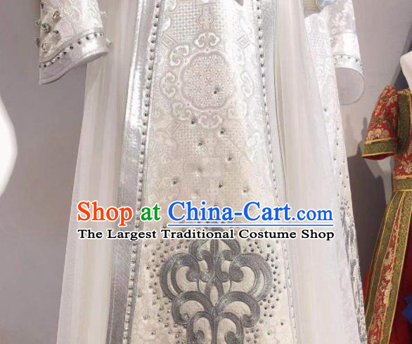 Chinese Traditional Embroidery Mongolian Robe Mongol Nationality Bride White Dress Handmade Wedding Costume