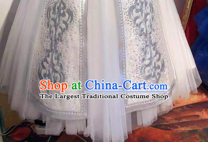 Chinese Traditional Embroidery Mongolian Robe Mongol Nationality Bride White Dress Handmade Wedding Costume