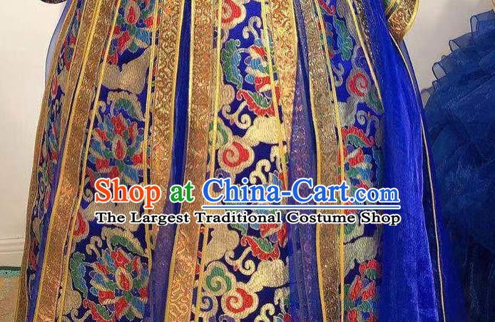 Chinese Handmade Wedding Costume Traditional Royalblue Mongolian Robe Mongol Nationality Bride Dress