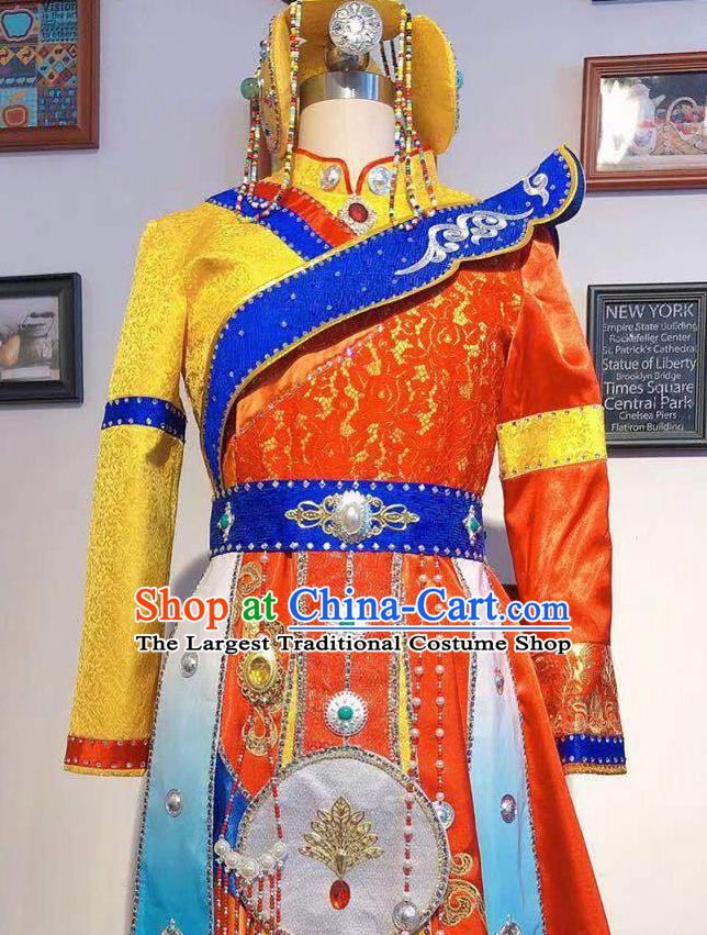 Chinese Zang Nationality Festival Red Dress Folk Dance Costume Traditional Zang Ethnic Clothing