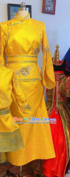 Chinese Traditional Ethnic Clothing Mongol Nationality Festival Gold Dress Mongolian Folk Dance Costume