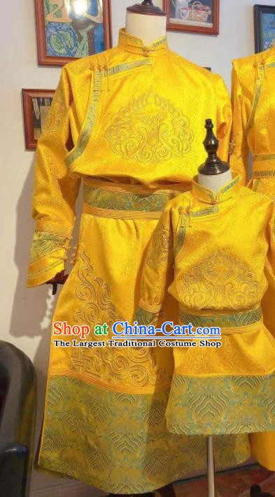 Chinese Mongolian Men Folk Dance Costume Traditional Ethnic Clothing Mongol Nationality Festival Gold Robe