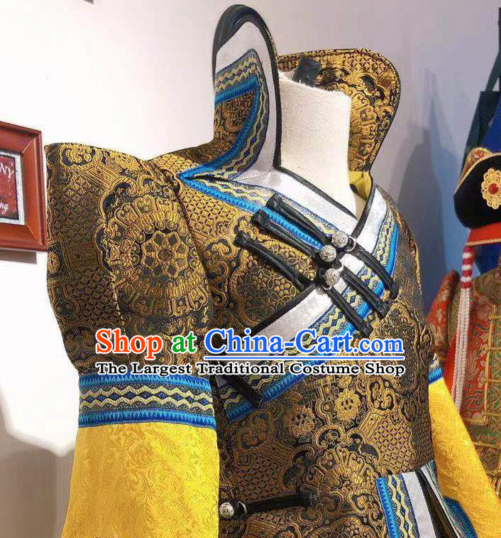 Chinese Ethnic Women Clothing Mongol Nationality Wedding Dress Mongolian Folk Dance Costume Traditional Festival Yellow Robe