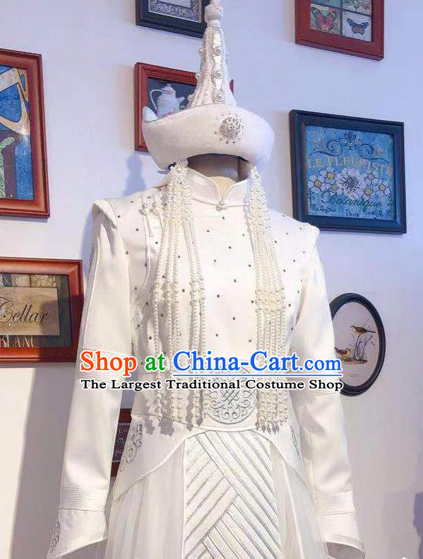 Chinese Traditional Festival White Robe Ethnic Women Clothing Mongol Nationality Wedding Dress Mongolian Folk Dance Costume