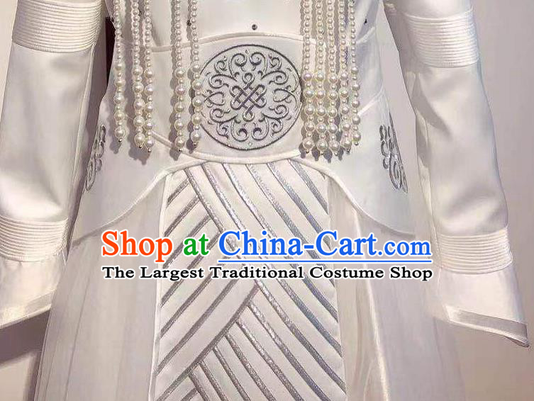Chinese Traditional Festival White Robe Ethnic Women Clothing Mongol Nationality Wedding Dress Mongolian Folk Dance Costume