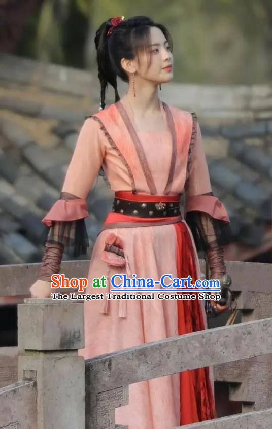 Chinese Traditional Young Lady Pink Dress Wuxia TV Series Heros Wen Rou Costume Ancient Female Swordsman Clothing