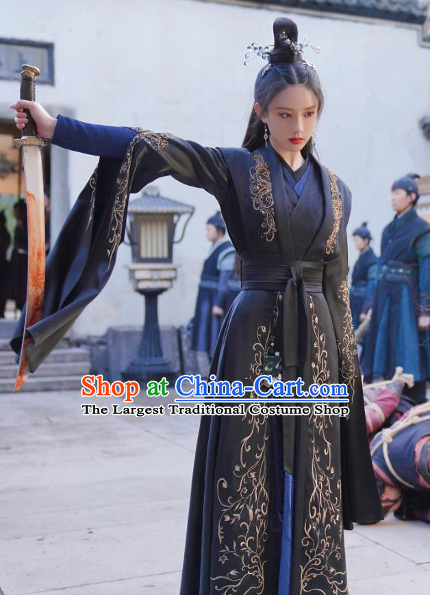 Chinese Ancient Female Swordsman Clothing Traditional Young Lady Black Dress Wuxia TV Series Heros Lei Chun Costume