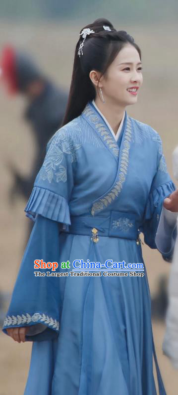 Chinese Ancient Noble Lady Clothing Traditional Embroidered Blue Dress TV Series One and Only Wen Shi Yi Costume