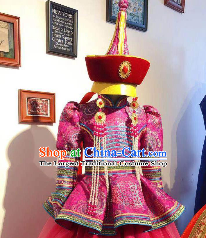 Chinese Mongolian Princess Garment Traditional Ethnic Festival Costume Mongol Nationality Dance Megenta Dress