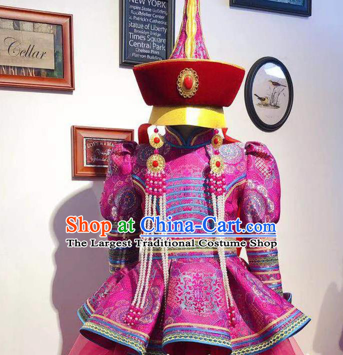 Chinese Mongolian Princess Garment Traditional Ethnic Festival Costume Mongol Nationality Dance Megenta Dress