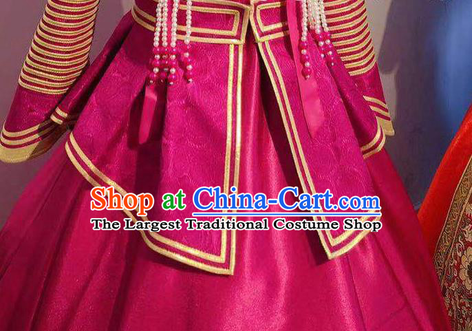 Chinese Mongol Nationality Dance Megenta Dress Mongolian Princess Garment Traditional Ethnic Festival Costume