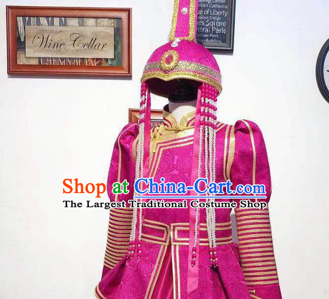 Chinese Mongol Nationality Dance Megenta Dress Mongolian Princess Garment Traditional Ethnic Festival Costume