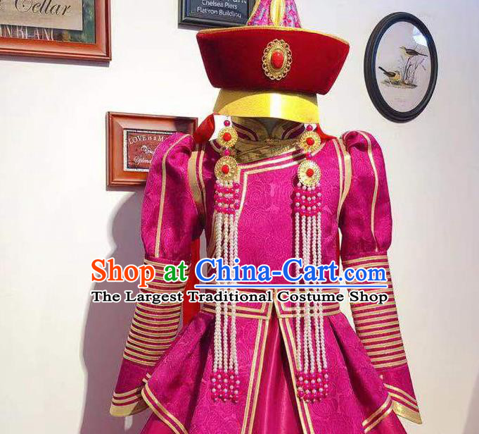 Chinese Mongol Nationality Dance Megenta Dress Mongolian Princess Garment Traditional Ethnic Festival Costume